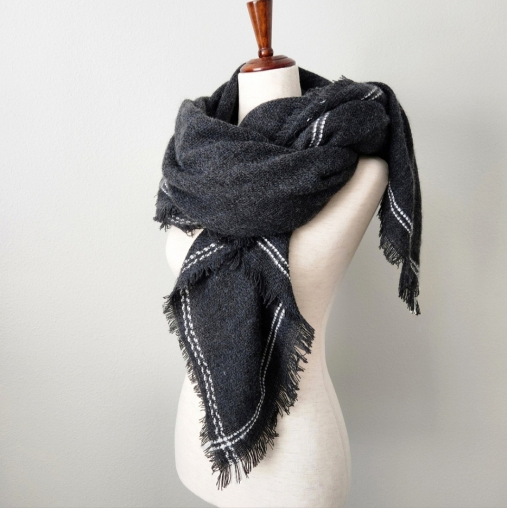 Olive & Pique Lola Blanket Scarf, Charcoal Gray W/ White Stitching & Fringe Trim